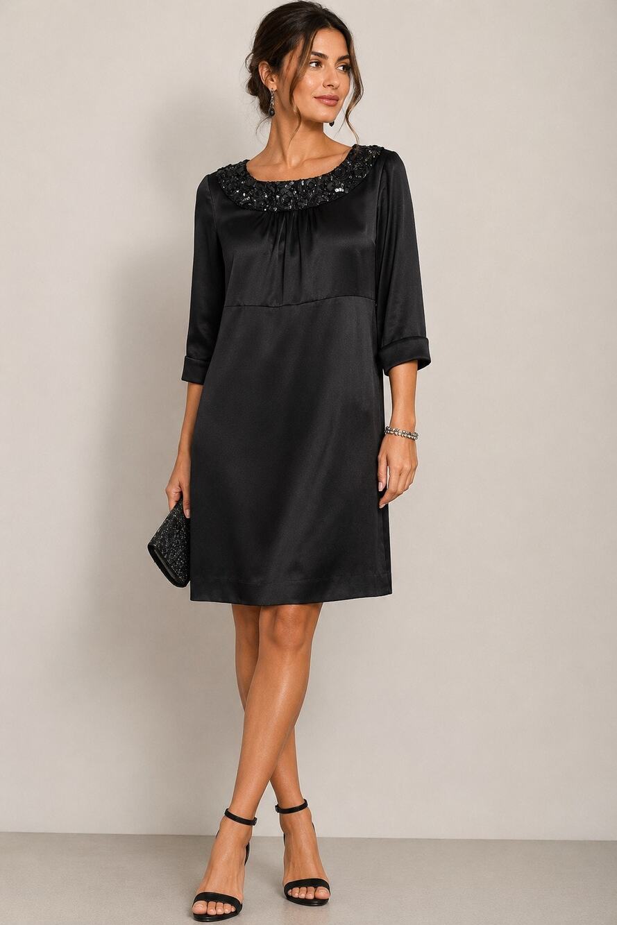 Vera Wang Lavender Label Black Satin Beaded Sequin Shift Dress 6/40 Y2K Era